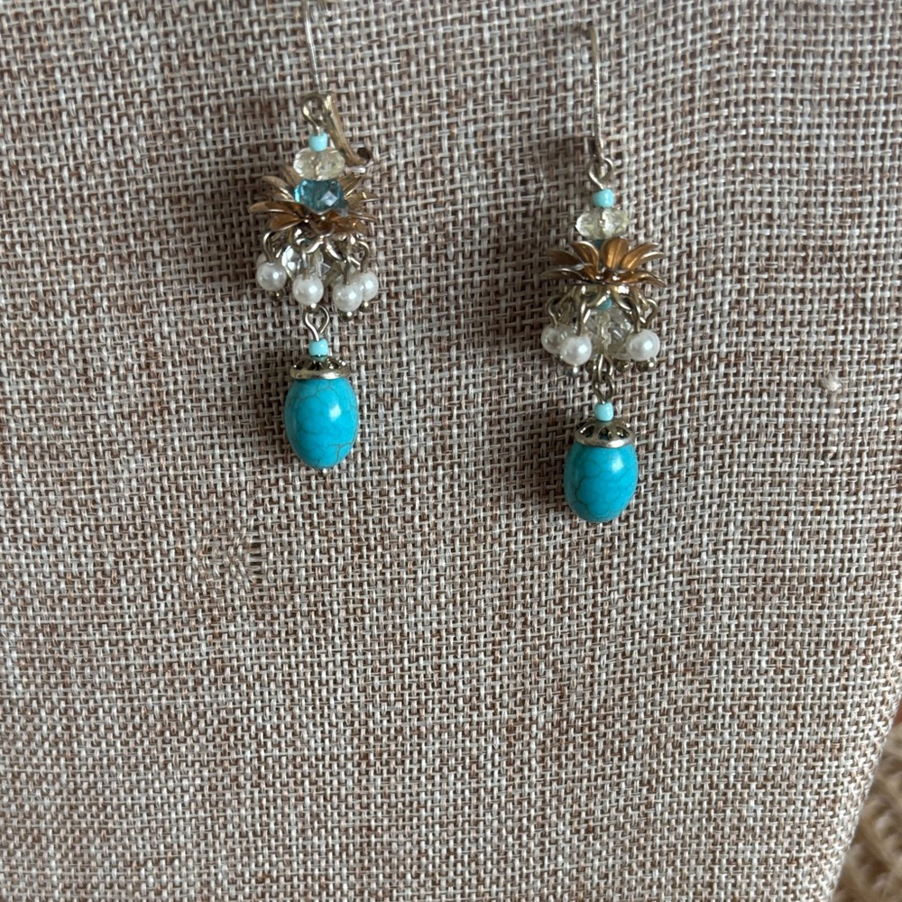 Vintage Turquoise and Pearl Drop Earrings